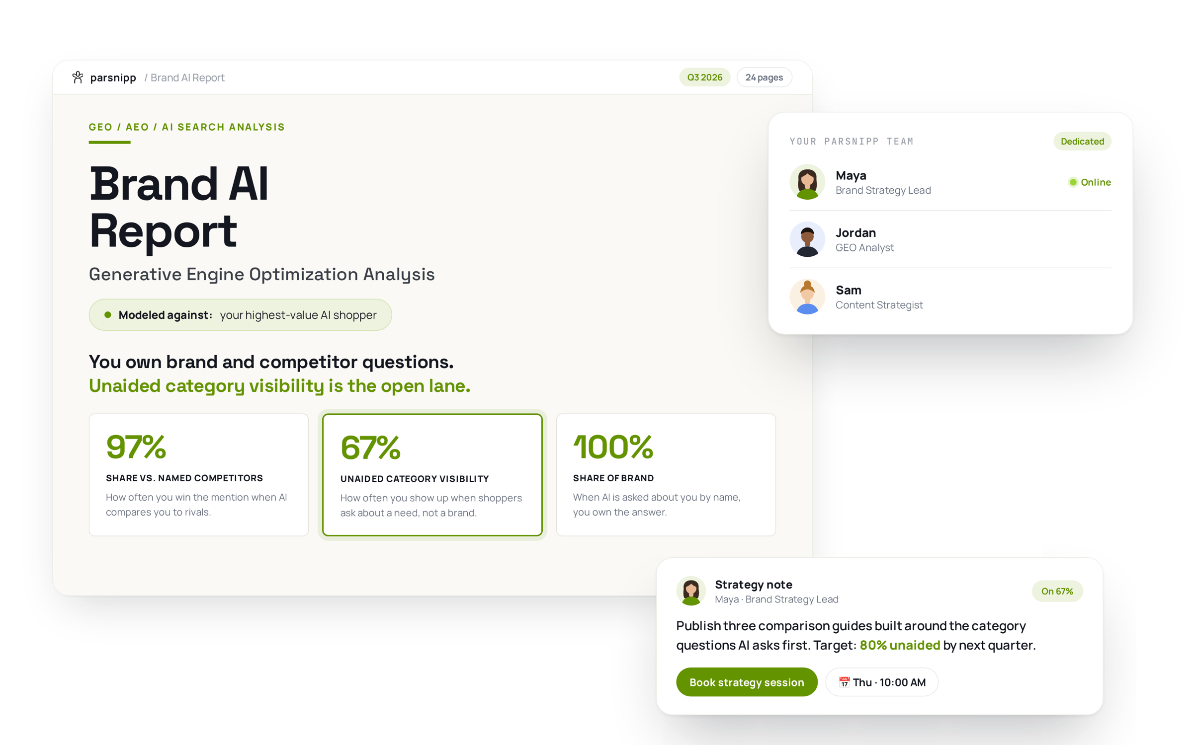 Brand AI Report from Parsnipp scoring share against named competitors, unaided category visibility and share of brand, beside the dedicated strategy team and their recommended next step
