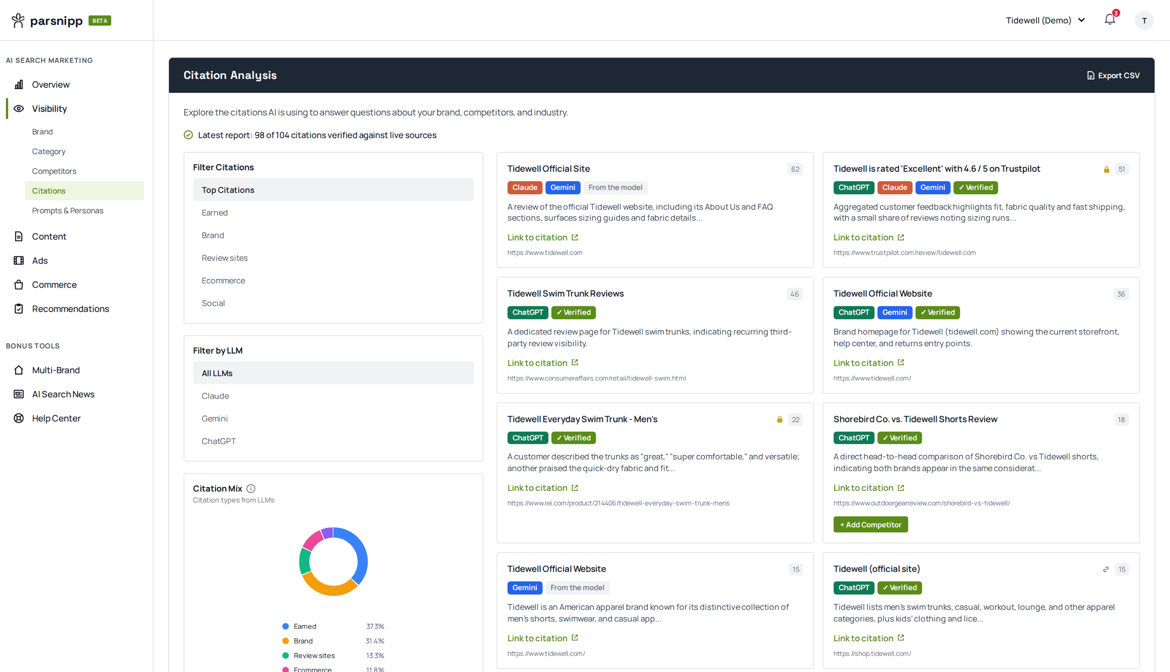 Citation Analysis: 98 of 104 citations verified against live sources, each citation listed with the models that used it, and a citation mix of earned, brand, review and ecommerce sources.