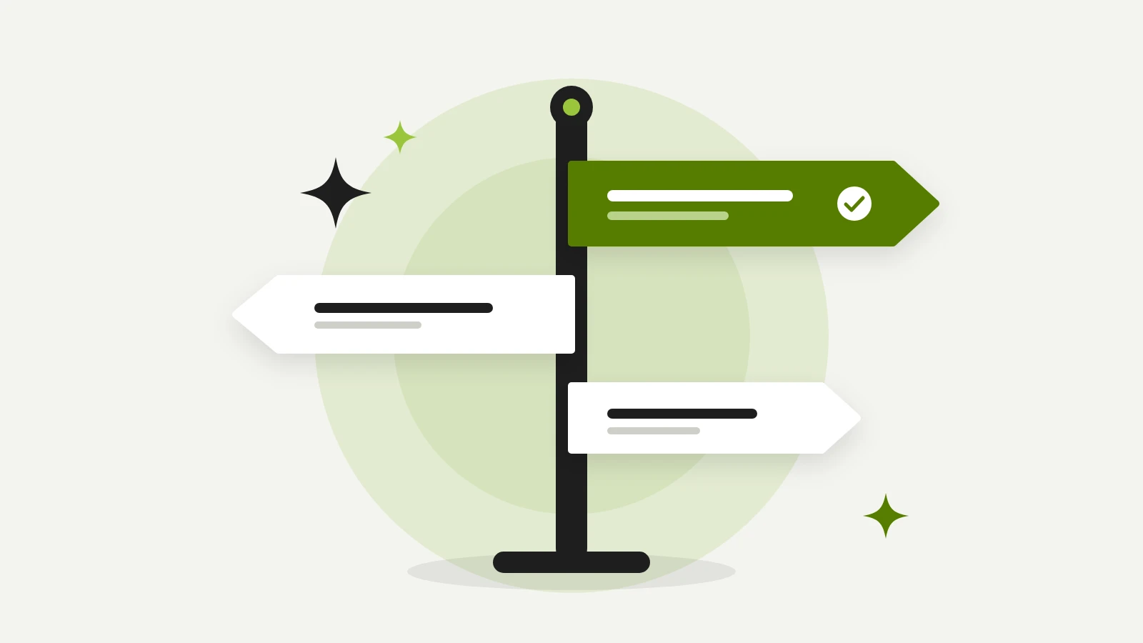 Abstract illustration: a black signpost with three arrow signs. One green sign with a check mark points the way, and small sparkles beside it stand for AI assistants reading the signs.