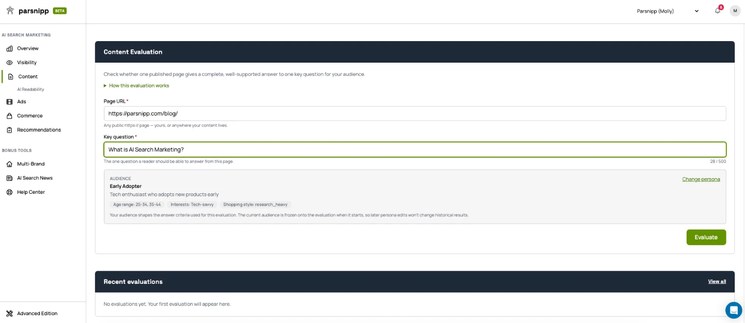 The Content Evaluation form: a page URL, one key question and an audience persona