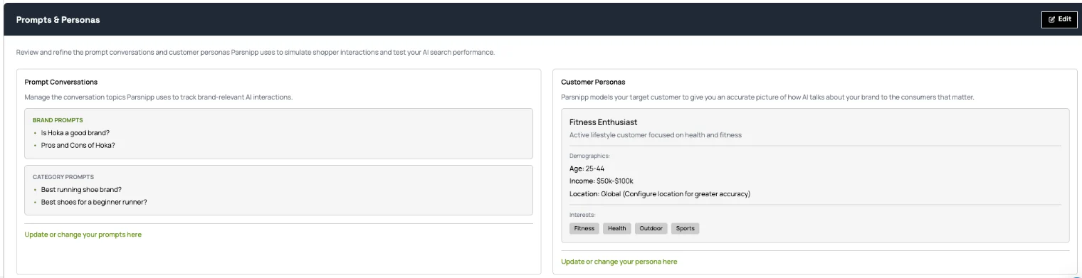 The Prompts and Personas section, where tracked prompts and simulated shopper personas are set up