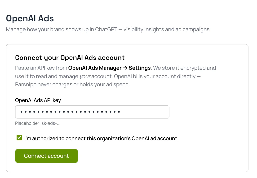 Managing ChatGPT Ads campaigns inside Parsnipp